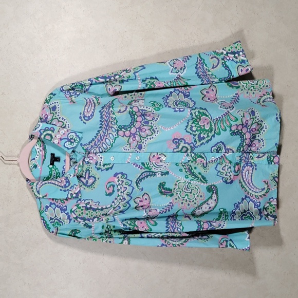Talbots Tops - 02531 Talbots aqua w/blue, pink & green cotton L/S shirt 1X
